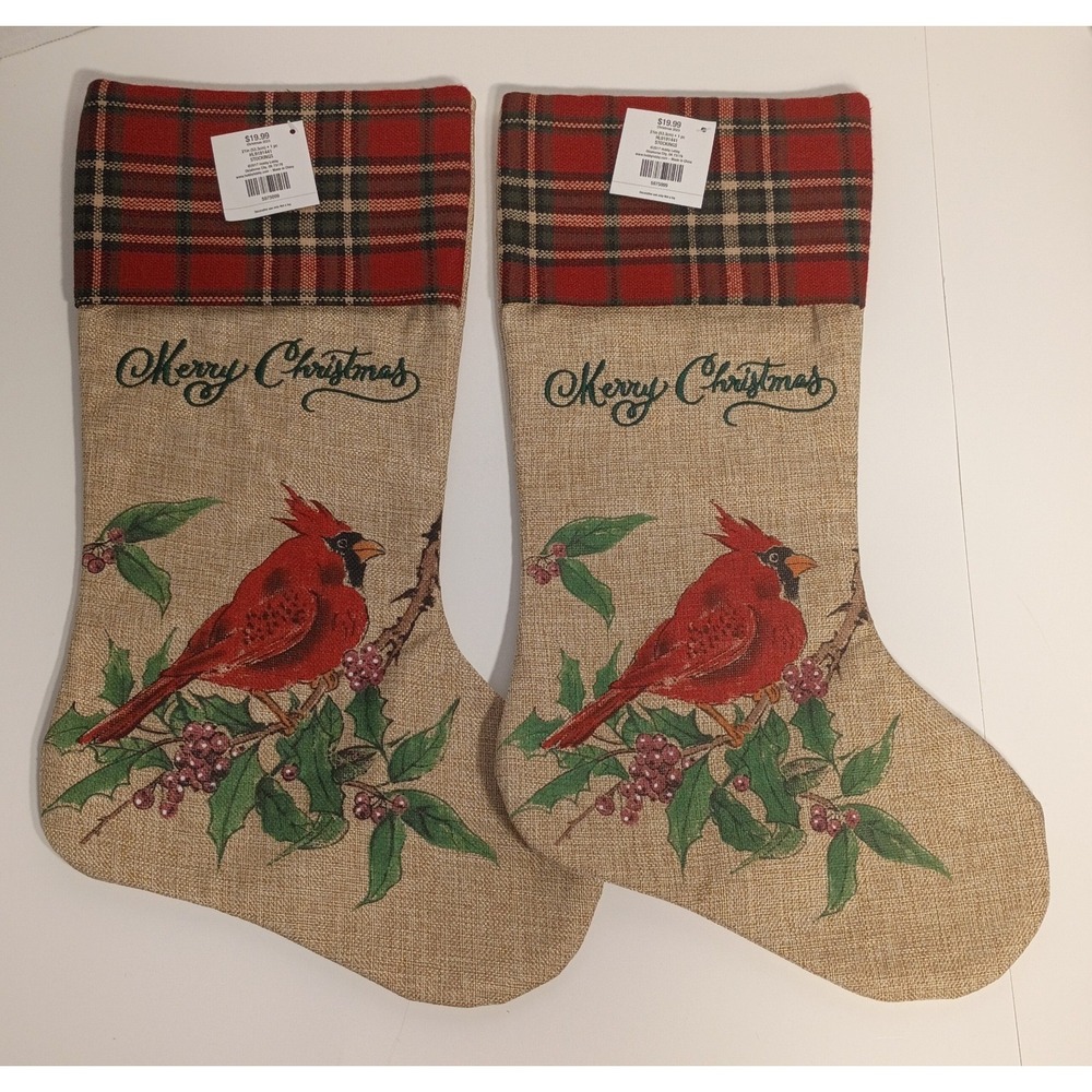 2 NEW 21" Long Red Cardinal Merry Christmas Stocking, Country Plaid Embroidered